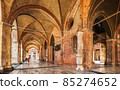 Arcades of the Gothic palace in the center of Piacenza. Italy 85274652