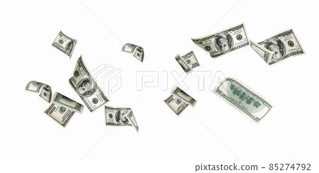 Hundred dollar bill. Falling money isolated on white background. American cash. 85274792