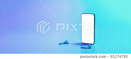 Smartphone screen. Mobile smart phone technology blank screen. Mock up smart phone device, audio headphones equipment on neon gradient background. For text message, information content, clipping path. 85274795