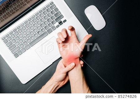 Carpal tunnel syndrome. Hand pain in man injury wrist. Arthritis office syndrome is consequence of computer. Health care and medical concept. 85274826