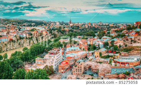 Tbilisi, Georgia. Abanotubani Is The Old Historic Bath District. Panorama Cityscape Of Summer Old Town In Summer Evening 85275058