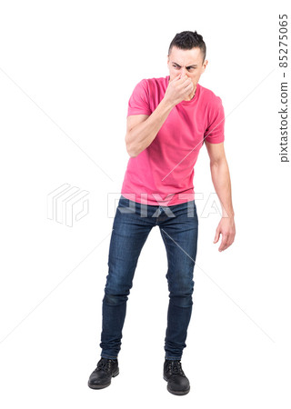 Man plugging nose from bad smell. White background 85275065
