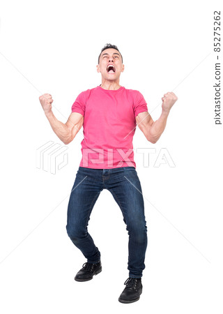 Hysterical guy with clenched fists shouting against white background Hysterical guy with clenched fists shouting against white background 85275262