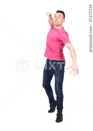 Aggressive man punching camera with fist. White background 85275334