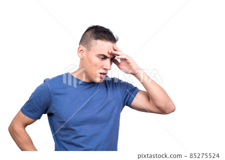 Man with one hand on his forehead thinking worried 85275524