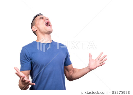 Man screaming in despair with his eyes closed Man screaming in despair with his eyes closed 85275958