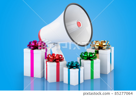 Presents with megaphone, 3D rendering Presents with megaphone, 3D rendering 85277064
