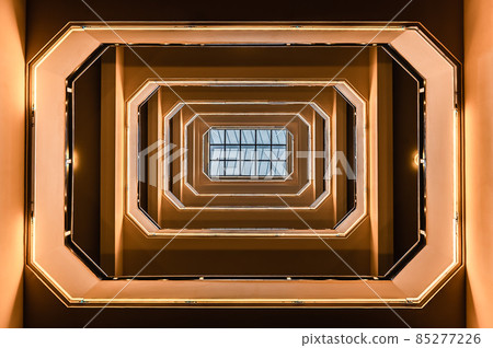 Ixelles, Brussels - Belgium - 06 16 2018 : Ceiling and staircase of the Flagey concerthall and studio Ixelles, Brussels - Belgium - 06 16 2018 : Ceiling and staircase of the Flagey concerthall and studio 85277226