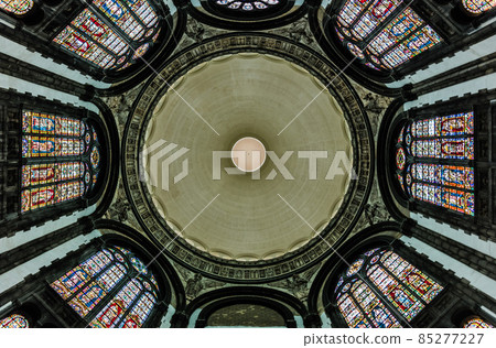 Schaerbeek, Brussels/ Belgium - 08 14 2018: Ceiling and decorated walls of the Saint Mary Royal church Schaerbeek, Brussels/ Belgium - 08 14 2018: Ceiling and decorated walls of the Saint Mary Royal church 85277227