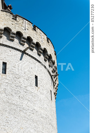 Maroles, Brussels, Belgium, 05 26 2018: Port of the brick stone medieval tower of the Halle gate Maroles, Brussels, Belgium, 05 26 2018: Port of the brick stone medieval tower of the Halle gate 85277230