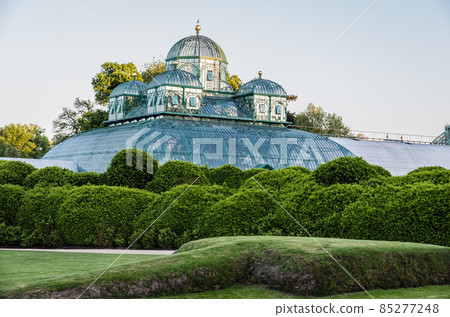 Laeken, Brussels  Belgium - 04 25 2018: Landscape view over the dome of the Royal Glasshouses during the yearly spring opening 85277248