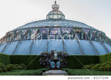 Laeken, Brussels  Belgium - 04 25 2018: Landscape view over the dome of the Royal Glasshouses during the yearly spring opening 85277249