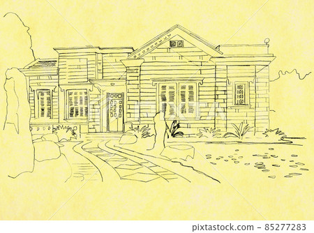 Pencil drawing of a house on Gulangyu Island with a pale yellow background Pencil drawing of a house on Gulangyu Island with a pale yellow background 85277283