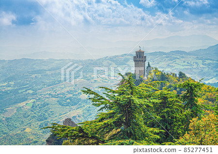 Republic San Marino Terza Torre Montale third fortress tower with brick walls on Monte Titano stone rock 85277451