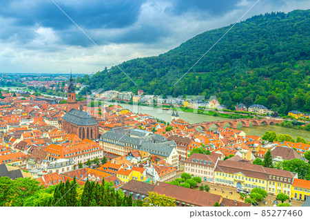Aerial panoramic view of Heidelberg Old town historical centre with Church of Holy Spirit Heiliggeistkirche 85277460