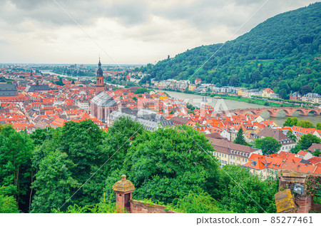 Aerial panoramic view of Heidelberg Old town historical centre with Church of Holy Spirit Heiliggeistkirche 85277461