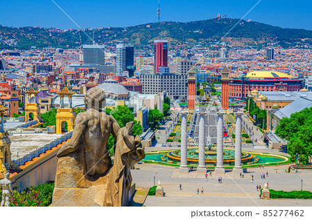 Cityscape of Barcelona with aerial view of Placa d'Espanya or Spain square with Torres Venecianes Venetian towers Cityscape of Barcelona with aerial view of Placa d'Espanya or Spain square with Torres Venecianes Venetian towers 85277462