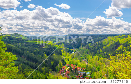 Slavkov Forest aerial panoramic view with small village Slavkov Forest aerial panoramic view with small village 85277546