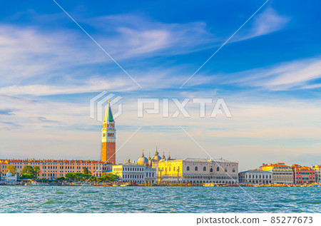 Venice cityscape with San Marco basin of Venetian lagoon water Venice cityscape with San Marco basin of Venetian lagoon water 85277673