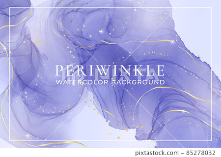 Violet lavender liquid watercolor marble background with golden lines. Pastel purple periwinkle alcohol ink drawing effect. Vector illustration design template for wedding invitation, menu, rsvp 85278032