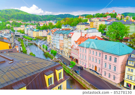 Top aerial panoramic view of Karlovy Vary Top aerial panoramic view of Karlovy Vary 85278130