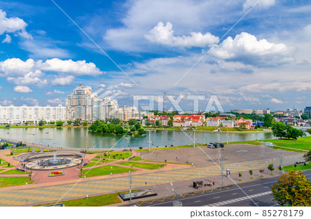 Aerial panoramic view of Minsk city historical centre with Svislach or Svislac river embankment 85278179