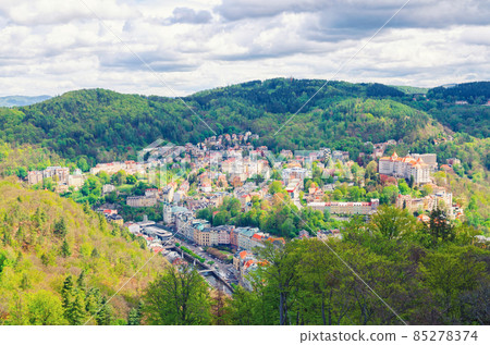 Top aerial panoramic view of Karlovy Vary Top aerial panoramic view of Karlovy Vary 85278374