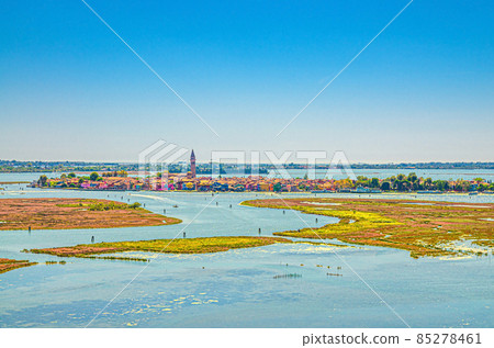 Aerial panoramic view of Venetian Lagoon with Burano island, water canals and swamp Aerial panoramic view of Venetian Lagoon with Burano island, water canals and swamp 85278461