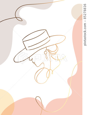 Poster with a minimal face of a woman with a hat. Line drawing style. Golden silhouette 85278816