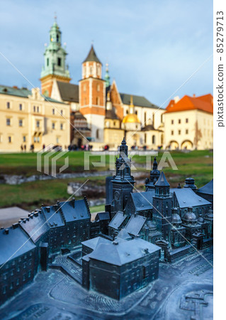 small model of the Royal Castle in Krakow with real buildings in the background, Braille system small model of the Royal Castle in Krakow with real buildings in the background, Braille system 85279713