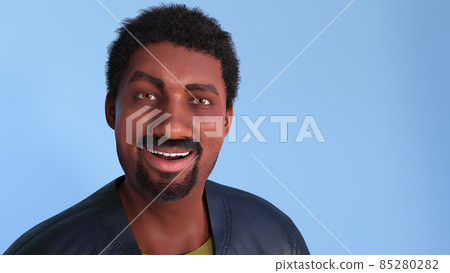 young man portrait african american people smiling wearing black leather jacket on blue background 3D illustration 85280282