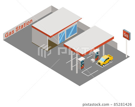 Isometrics 3D three-dimensional illustration Gas station panoramic view GS and illustration of a car being refueled Isometrics 3D three-dimensional illustration Gas station panoramic view GS and illustration of a car being refueled 85281426