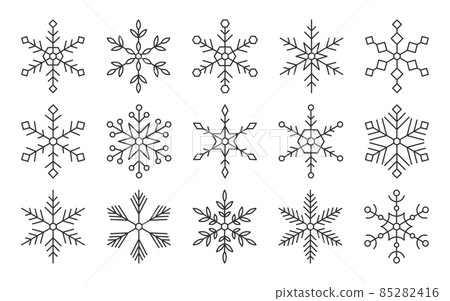 Snowflakes snow xmas symbol thin black line set. Winter element new year decor christmas contour. Linear icon freeze sticker hexagonal shape holiday card invitation weather widget isolated on white Snowflakes snow xmas symbol thin black line set. Winter element new year decor christmas contour. Linear icon freeze sticker hexagonal shape holiday card invitation weather widget isolated on white 85282416