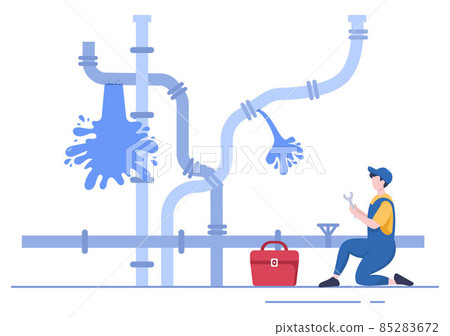 Plumbing Service with Plumber Workers Repair, Maintenance Fix Home and Cleaning Bathroom Equipment in Flat Background Illustration 85283672