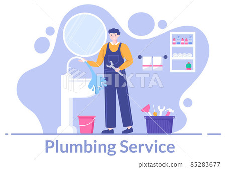 Plumbing Service with Plumber Workers Repair, Maintenance Fix Home and Cleaning Bathroom Equipment in Flat Background Illustration 85283677