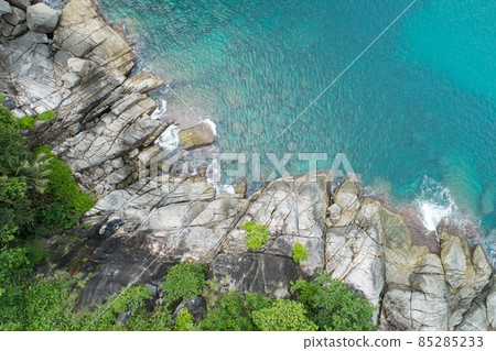 Aerial view Top down seashore wave crashing on seashore Beautiful turquoise sea surface in sunny day Good weather day summer background Amazing seascape top view 85285233