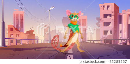 Mouse superhero on street of destroyed city Mouse superhero on street of destroyed city 85285367