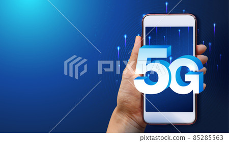 Hand of woman or man holding smartphone use 5G network wireless systems and internet of things with man touching with wireless high-speed Internet communication network background 85285563
