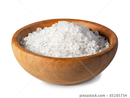 sea salt in wooden bowl isolated on white 85285734