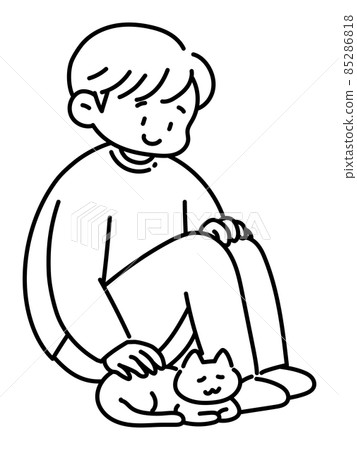 Line drawing of a man who is healed by stroking a cat 85286818