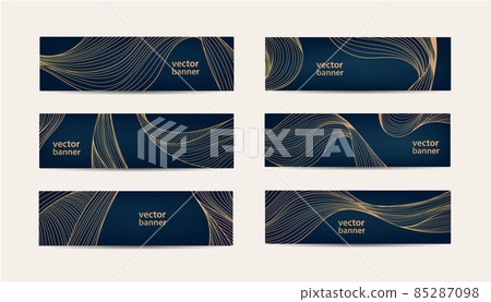 Set of vector collection design elements, banners, headers, luxury products background. Isolated on black wavy golden lines, flow. Set of vector collection design elements, banners, headers, luxury products background. Isolated on black wavy golden lines, flow. 85287098