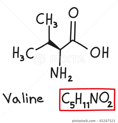 Hand drawn chemical molecular formula of amino acid valine in doodle style isolated 85287323