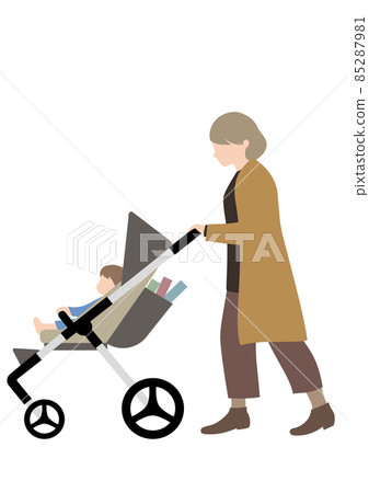 一個嬰兒和一個老婦人推著一本書的嬰兒車(為了回家和三代家庭的形象) 一個嬰兒和一個老婦人推著一本書的嬰兒車(為了回家和三代家庭的形象) 85287981