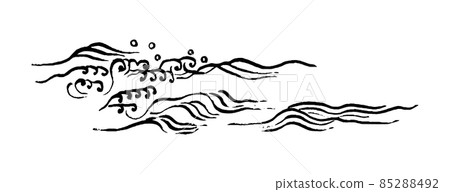 單色日式插畫，細細的墨筆波浪，橫長設計，變形海筆，飛濺線條畫，漩渦 85288492