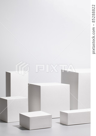 scene with six rectangle podiums on gray background 85288822