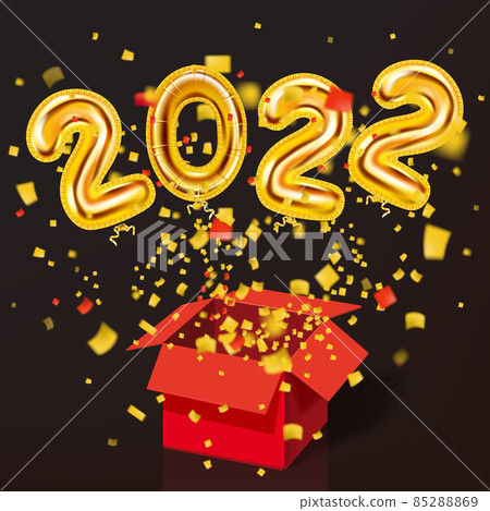 Happy New Year 2022 realistic golden decoration balloons. Gold foil numbers 3d Happy New Year, shine party festive background, confetti, glitter. Vector festive poster, banner cover card, flyer Happy New Year 2022 realistic golden decoration balloons. Gold foil numbers 3d Happy New Year, shine party festive background, confetti, glitter. Vector festive poster, banner cover card, flyer 85288869