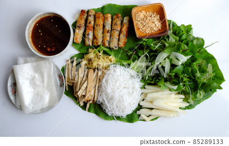 Vietnamese homemade vegan food, fried spring rolls with bun herbal leaf and rice paper 85289133