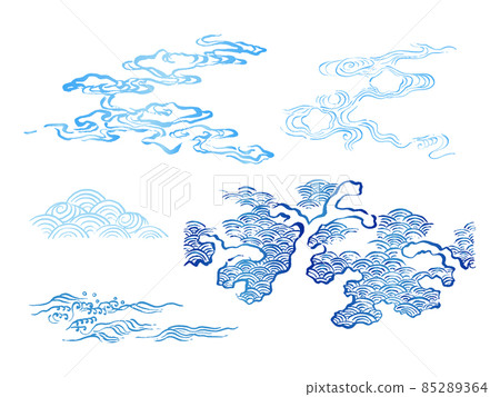 Japanese style illustration, blue wave set of brush, Qinghai wave, sea and splash, Wawa collection, Kasure, Suika, traditional 85289364
