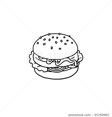 Hand drawn burger with meat patty in outline doodle style, vector illustration isolated on white background. 85289962