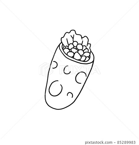 Hand drawn burrito wrap, outline doodle vector illustration isolated on white background. Hand drawn burrito wrap, outline doodle vector illustration isolated on white background. 85289983